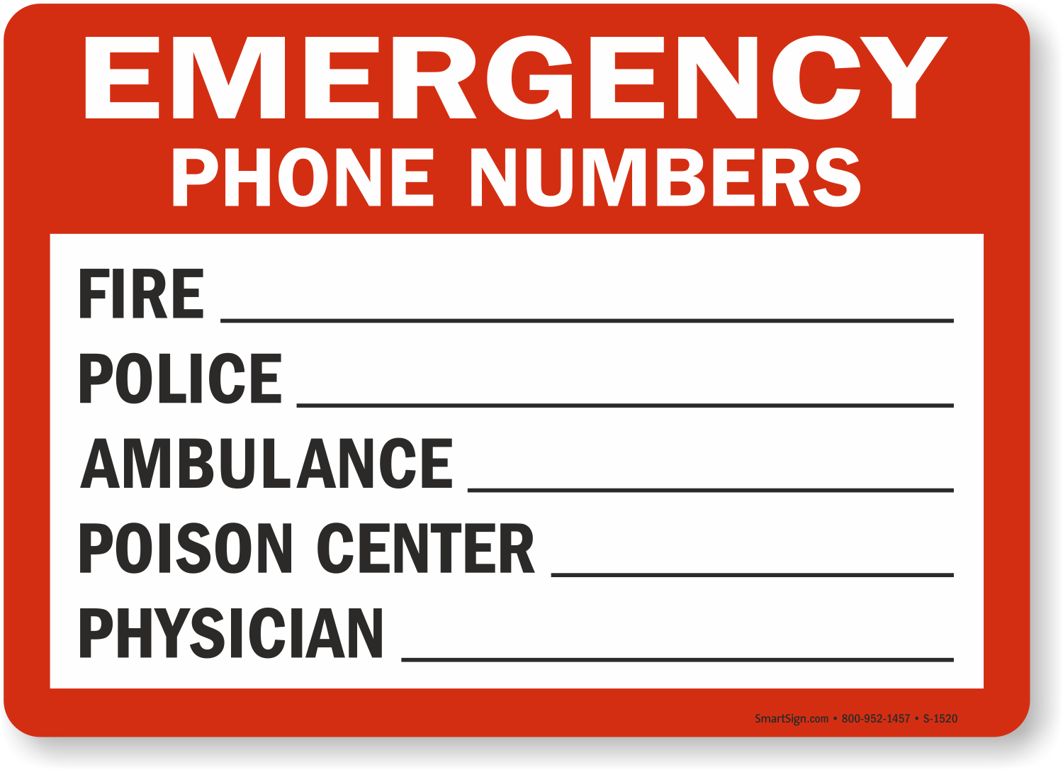 Emergency Phone Numbers Sign, SKU S1520