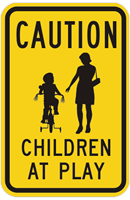 A caution sign that denotes a child-at-play area