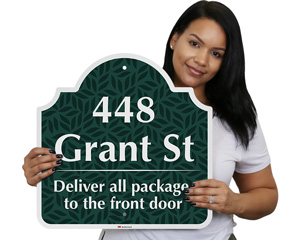Custom address sign with package delivery instructions