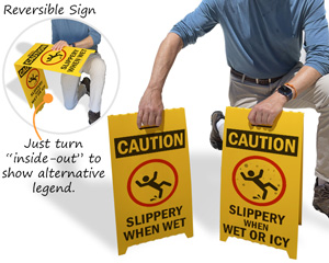 Innovative slippery when wet floor sign is reversible
