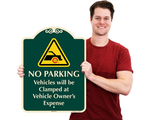 No Parking Signature Clamped Wheel Sign