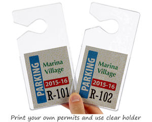 Print your own parking permits and use clear holders with mirror hanger hook