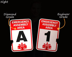 Reflective emergency assembly area signs at night
