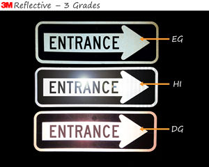 Three grades of reflective entrance signs