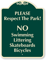 No Swimming, Littering & No Skateboarding Sign