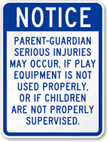 Notice Parent-Guardian, Playground Equipment Warning Sign