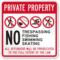 Private Property: No Trespassing Fishing Swimming Skating Sign