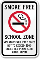 Smoke Free School Zone Texas Sign