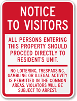 Notice Visitors Resident's Unit Sign