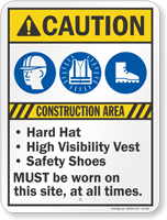 Construction Area Hard Hat Vest Safety Shoes Sign