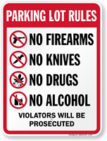 Parking Lot Rules No Firearms Drugs Alcohol Sign