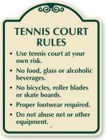 Tennis Court Rules No Food, Alcoholic Beverages Sign