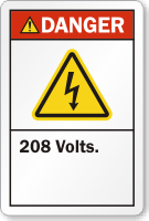 208 Volts ANSI Danger Label Electric Shock Symbol