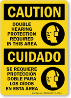 Bilingual Caution Double Hearing Protection Required Sign