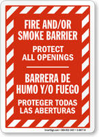 Bilingual Fire Smoke Barrier, Protect All Openings Sign