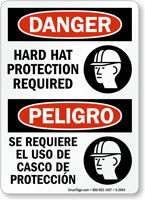 Hard Hat Protection Required Bilingual Danger Sign