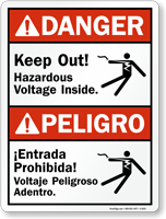 Bilingual ANSI Keep Out Hazardous Voltage Inside Sign
