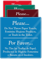 Bilingual Do Not Throw Trash In Toilet Sign