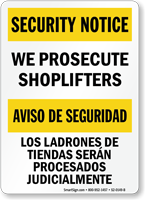 Bilingual We Prosecute Shoplifters Security Notice Sign