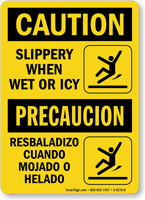 Slippery When Wet Or Icy Bilingual Caution Sign