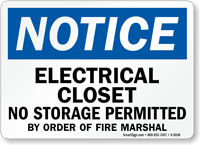 Electrical Closet No Storage Permitted Notice Sign
