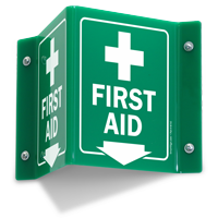 Projecting First Aid Green Sign With Down Arrow