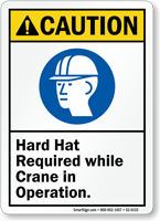 Hard Hat Required While Crane In Operation caution Sign