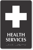 Health Services TactileTouch Braille Sign with First Aid Symbol