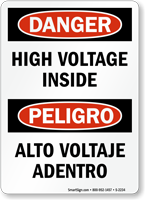 Danger High Voltage Inside Sign Bilingual