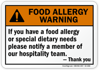 Notify Our Hospitality Team Allergy Warning Sign