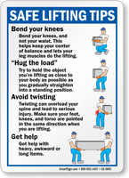 Safe Lifting Tips, Bend Knees Hug Load Sign