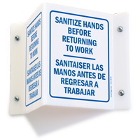 Sanitize Hands Projecting 2 Sided Bilingual Sign