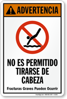 Advertencia No Es Permitido Tirarse De Cabeza Spanish Sign