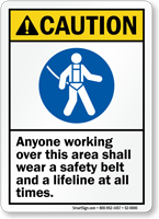 Anyone Working Over Area Wear Safety Belt Lifeline Sign