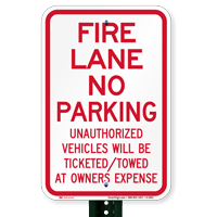 Fire Lane Unauthorized Vehicles Towed Signs