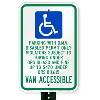 Oregon Parking With D.M.V. Disabled Permit Only Signs