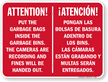 Bilingual Attention Put Garbage Bags Inside Bins Sign
