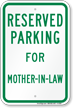 Novelty Parking Space Reserved For Mother In Law Sign