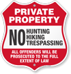 No Hunting Hiking Trespassing Private Property Shield Sign
