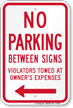 No Parking Between Signs (Left Arrow)