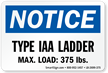 Type IAA Ladder, Max Load 375 LBS Label