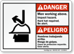 Bilingual Men Working Above Impact Hazard Sign