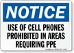 Cell Phones Prohibited In Areas Requiring PPE Sign