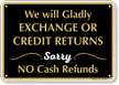 Exchange or Credit Returns No Cash Refunds Sign