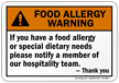 Notify Our Hospitality Team Allergy Warning Sign