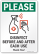 Please Disinfect Before And After Each Use Sign