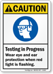 Testing In Progress Wear Eye, Ear Protection Sign