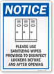 Use Sanitizing Wipes Provided To Disinfect Lockers Sign