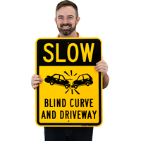 Blind Curve And Driveway Slow Down Signs